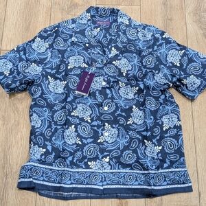 $995 Ralph Lauren Purple Label "Maori" Paisley Linen Button Up Shirt Navy Large